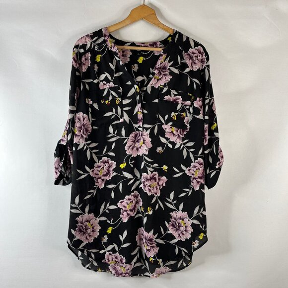 Torrid Harper Womens Tunic Top Size 2X Black Purple Floral V-Neck 3/4 Sleeve - Picture 2 of 10